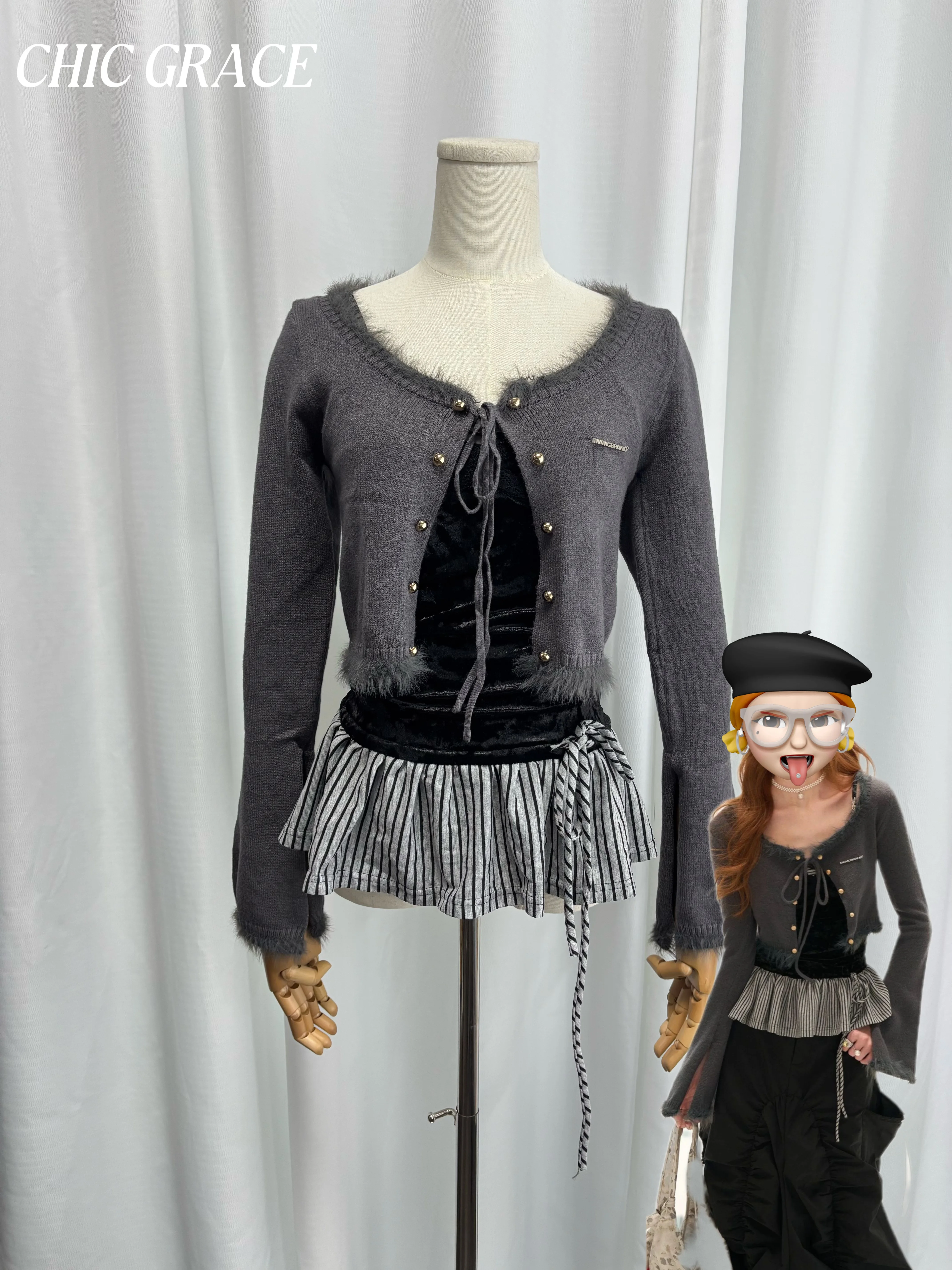 Real Shot Zweiteiliges Damen-Set mit quadratischem Ausschnitt und Strickjacke zum Binden + gefälschtem zweiteiligem gestreiftem Rüschen-Cami-Oberteil mit langen Ärmeln