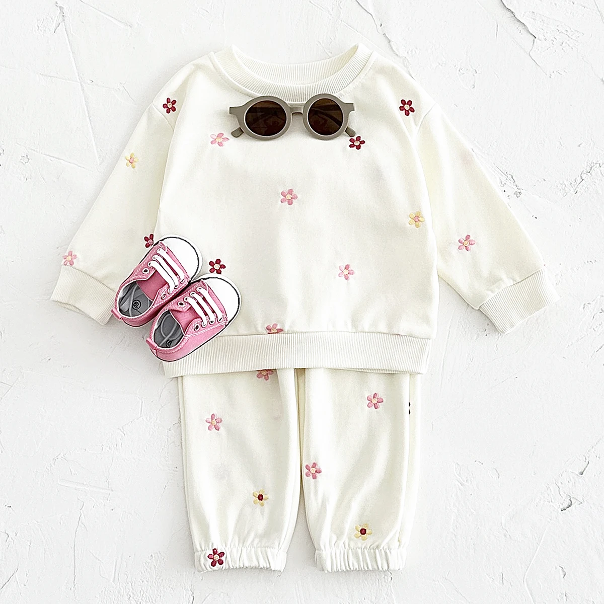 Infant Baby Sets 1-3Y Toddler Baby Girls Clothes Cotton Warm Autumn Basic Split Two-PCS Homewear Flower Embroidery Top+Pants