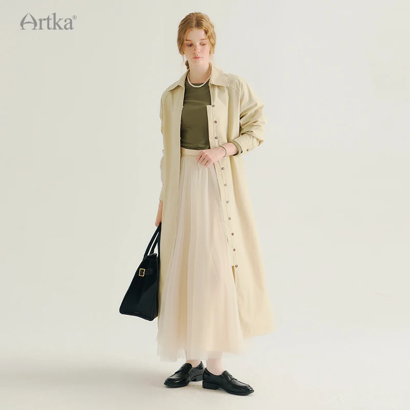 ARTKA 2024 Autumn New Women Fashion Trench Coat Style Shirt Dresses Casual Long Sleeve Long Trench Coat With Belt LA92847Q