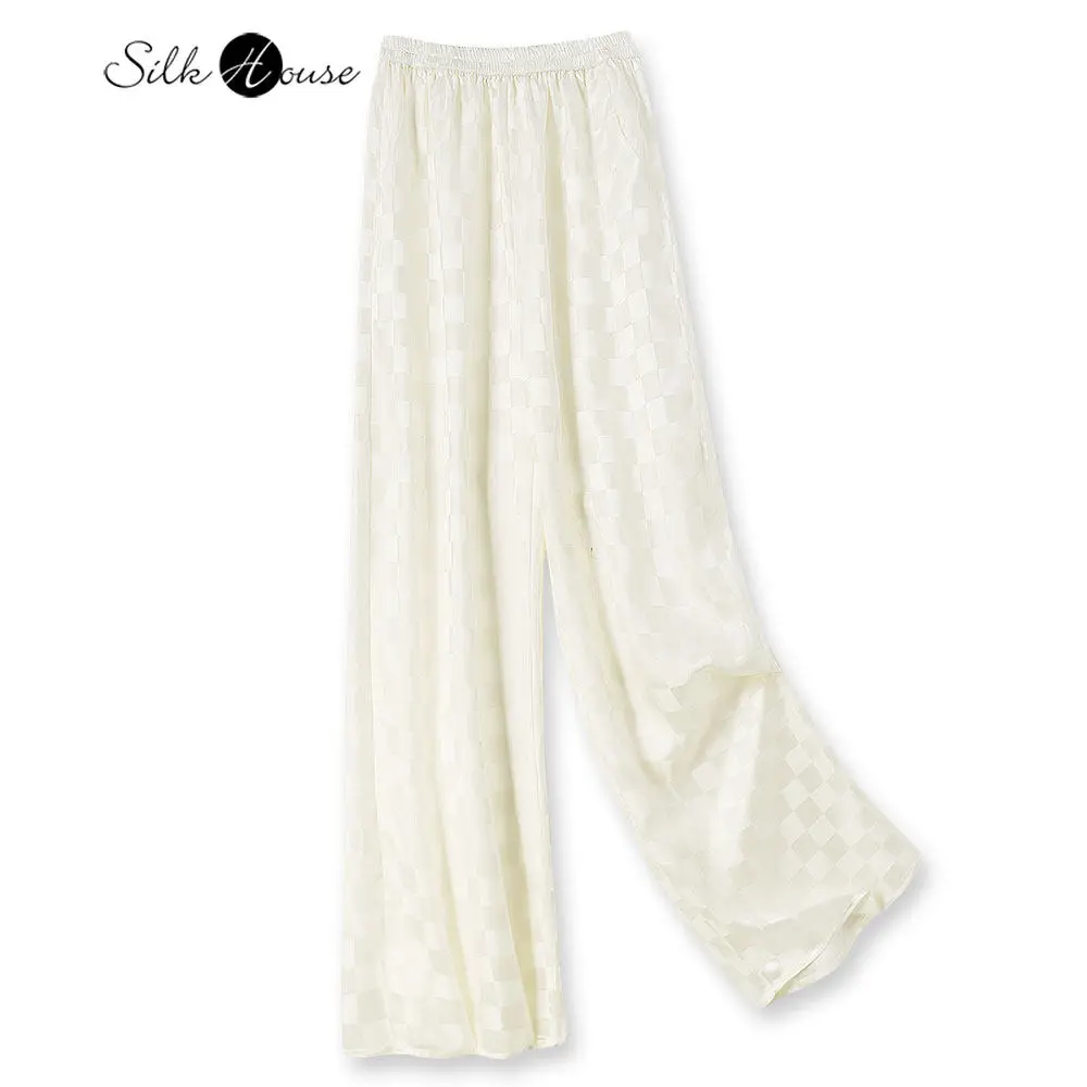 

Женские брюки прямого кроя из 90% натурального шелка тутового шелкопряда (28 мм), эластичные, с жаккардовым узором в белую клетку, коллекция Весна/Лето 2026