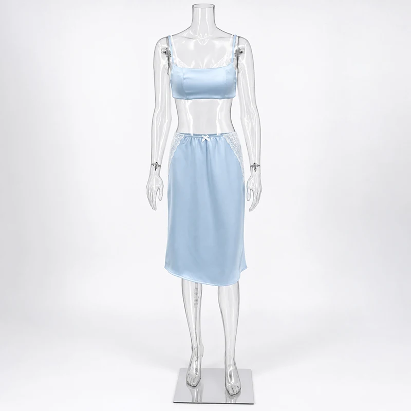 TARUXY Summer Vacation Camisole Skirt 2-Piece Set Women's Cami Lace Splicing Satin Cropped Top Bow Slim Midi Skirt Club Sexy Set image 6
