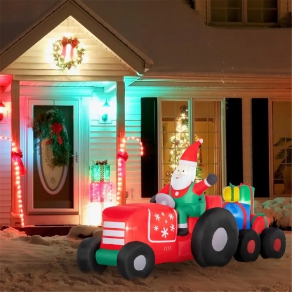 Santa Claus drives a trailer with colorful inflatable gift boxes, and the white LED lights create an eye-catching effect