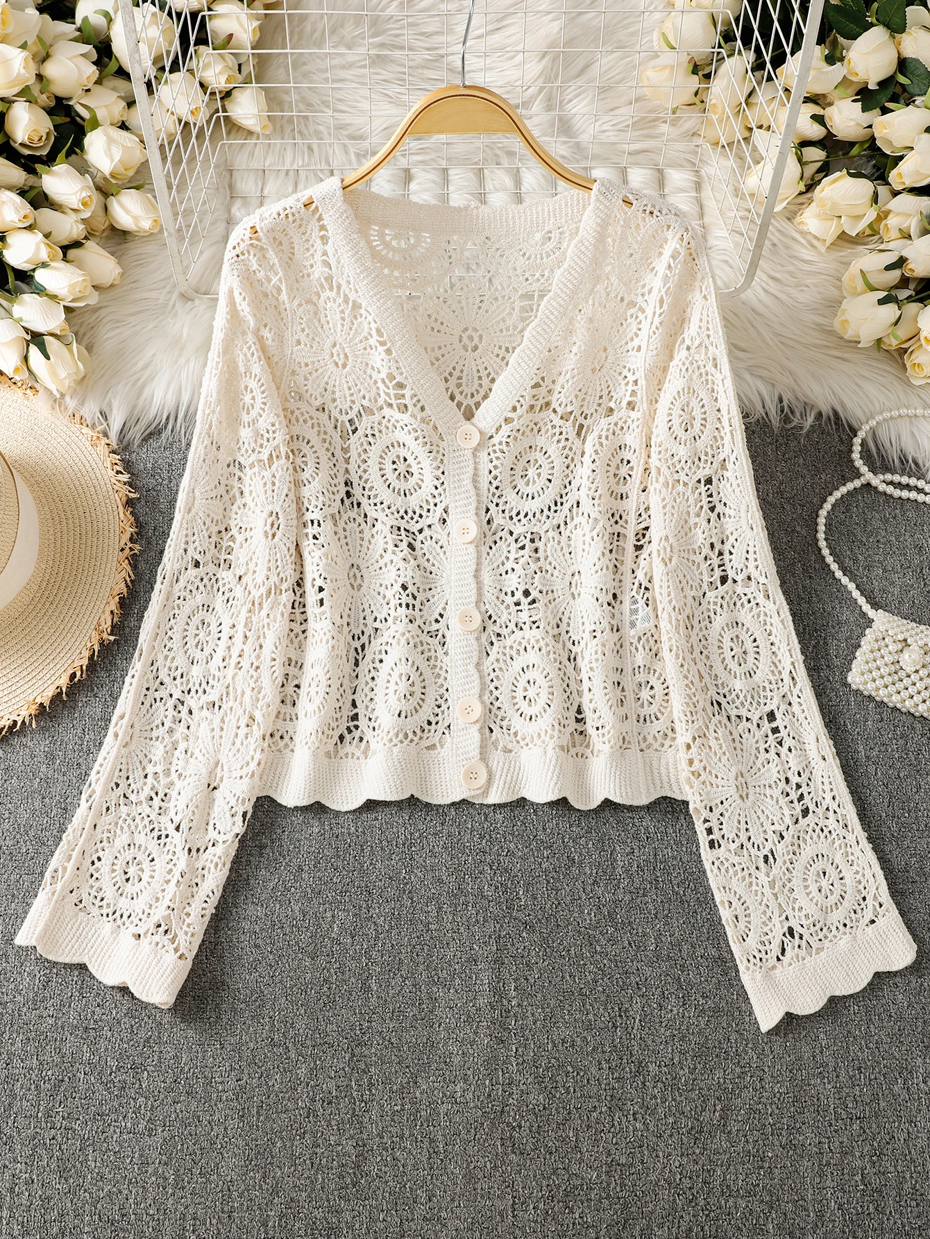 Long Sleeve Crochet Knitted Cardigan Open Front  Knitwear for Women Comfortable Breathable Casual Style