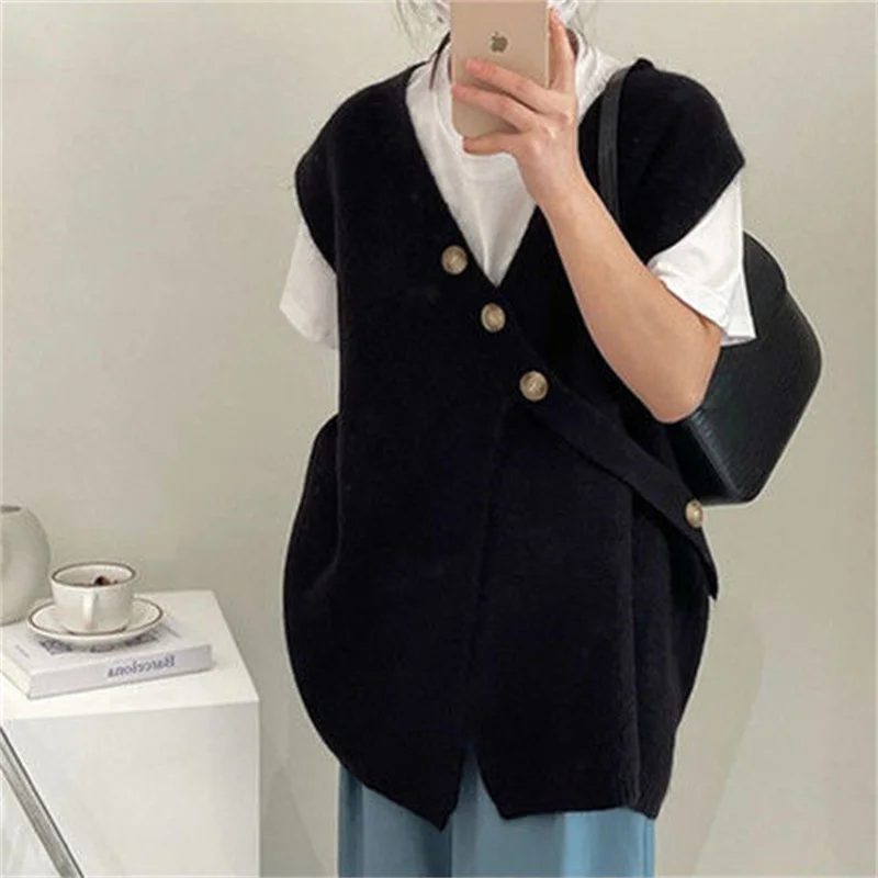 Elegant Fashion Sweater Vest Women New Irregular Button Design V-neck Korean Style Ladies Casual Solid Comfortable Loose Autumn