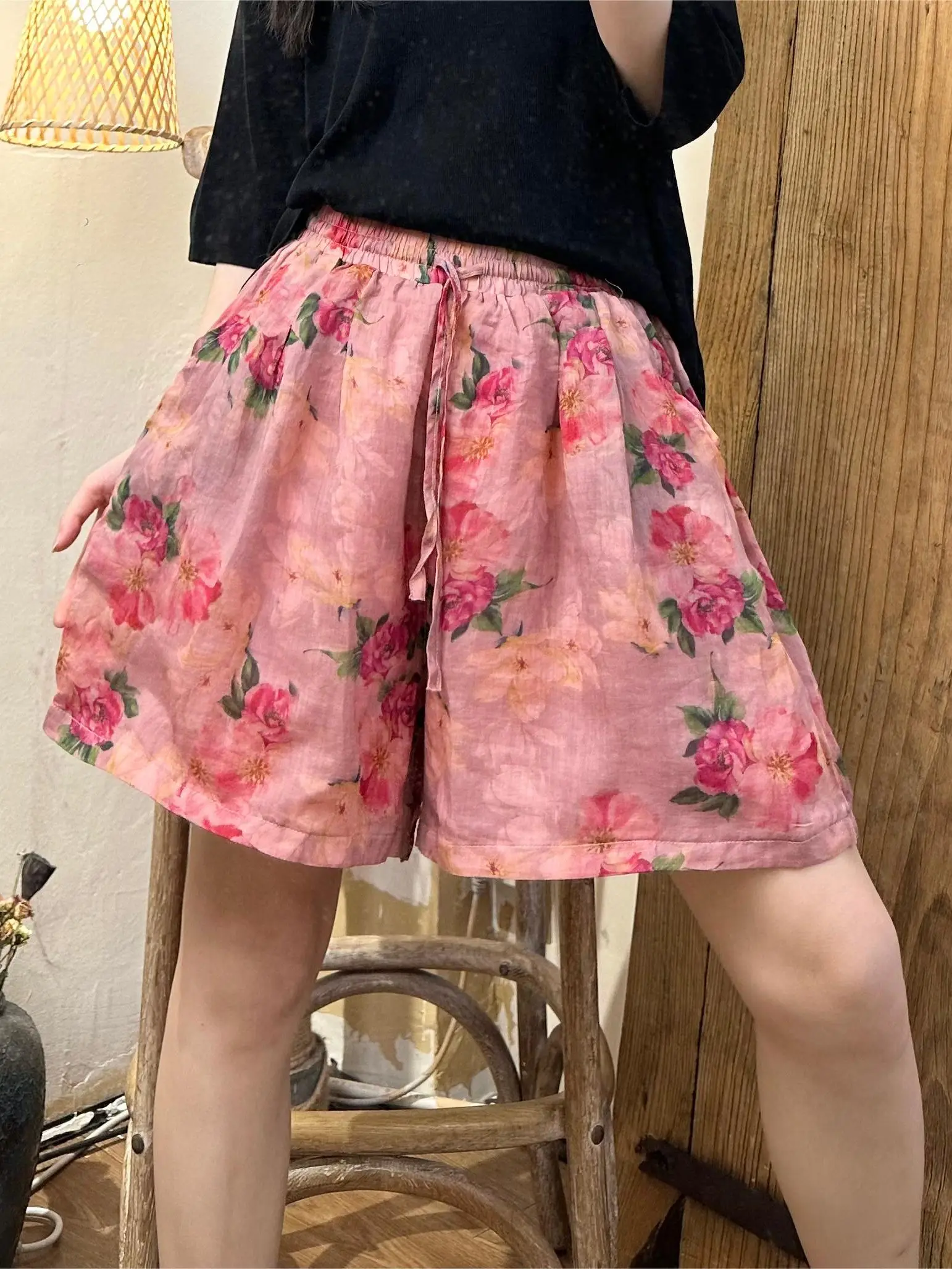 

Ретро-шорты с японским принтом, высокой талией, из хлопка и льна, двухслойные, непрозрачные, утягивающие, повседневные, широкие, длиной до колена