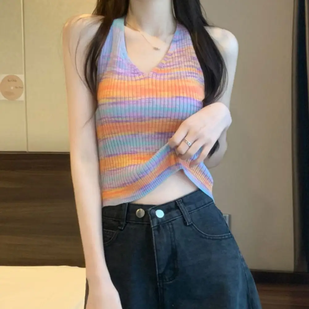 

Sweet Backless Striped Bra Vest Sleeveless V-neck Knitted Lace-up Tanks Colorful Ins Halter Camisole Club