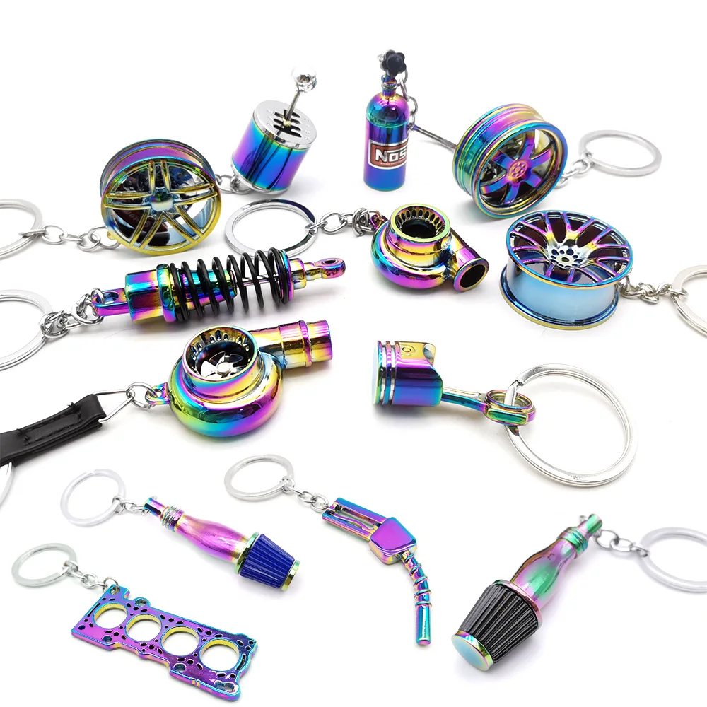 NEO Chrome JDM Car Parts Keychain Wheel Hub Nitrogen Gas Bottle Shock Absorber Metal Keyring Whistle Turbine Auto Interior