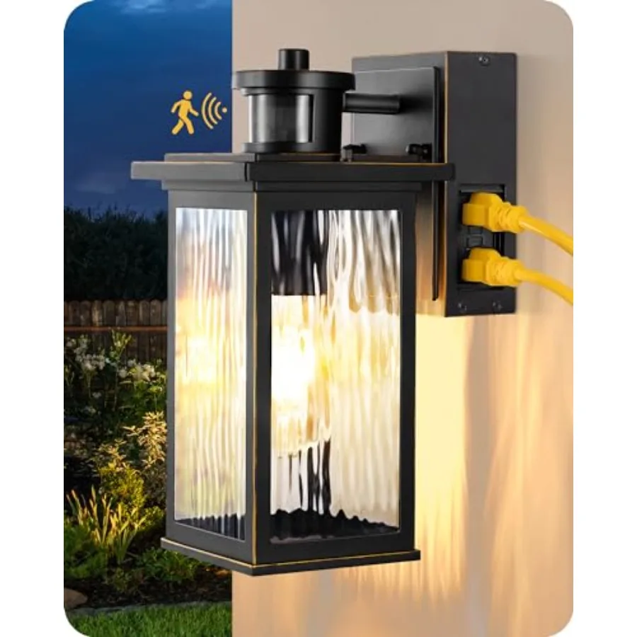 

Outdoor Wall Light with GFCI Outlet, Motion Sensor Exterior Lighting Fixture with Water Ripple Glass, Waterproof Dusk to Dawn O