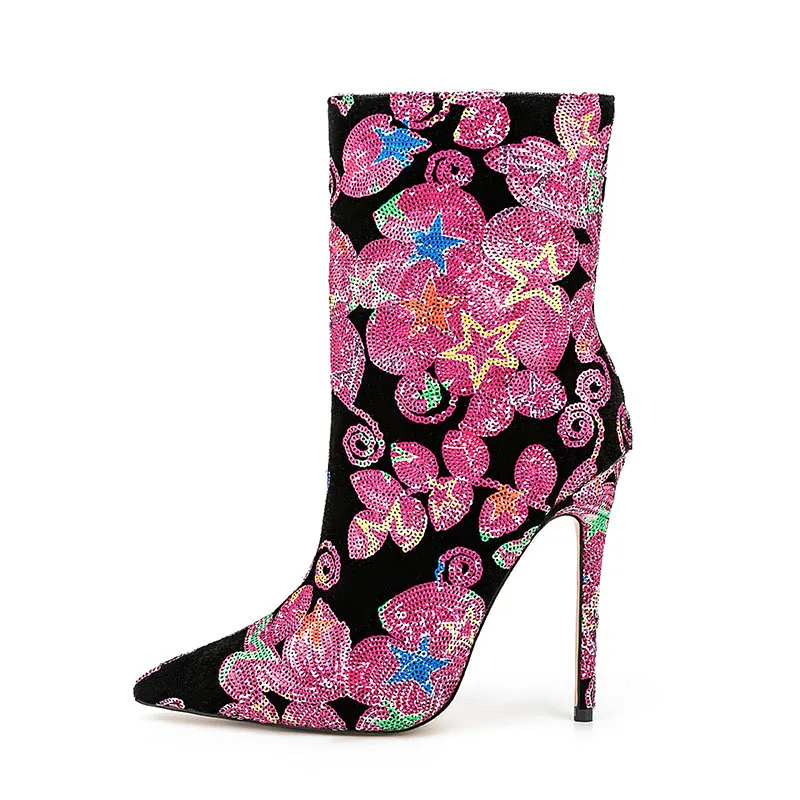 

Green Pink Sequins Flower Star High Heels Ankle Boots Women Pointed Toe Zipper Side Runway Boots Shoes
