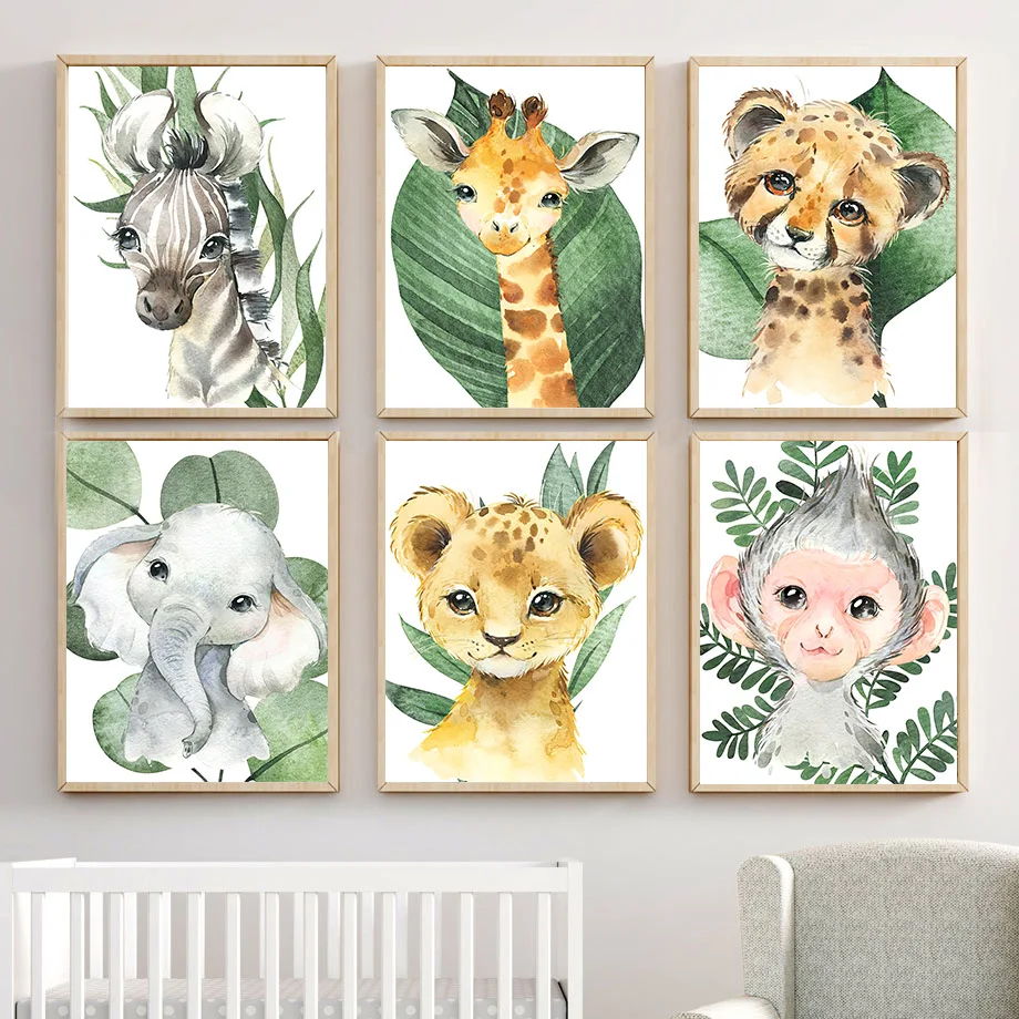 

Lion Leopard Elephant Giraffe Zebra Monkey Leaf Wall Art Canvas Painting Nordic Posters And Prints Wall Pictures Kids Room Decor