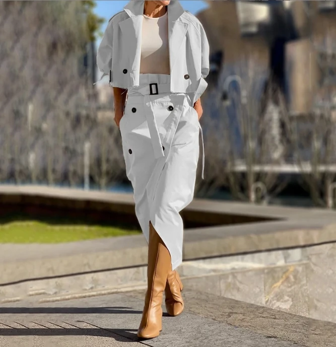 Women's Two-Piece Set Versatile Casual Workwear Temperament Button Belt Set Skirt Street Fashion Retro Elegant Two-Piece Set