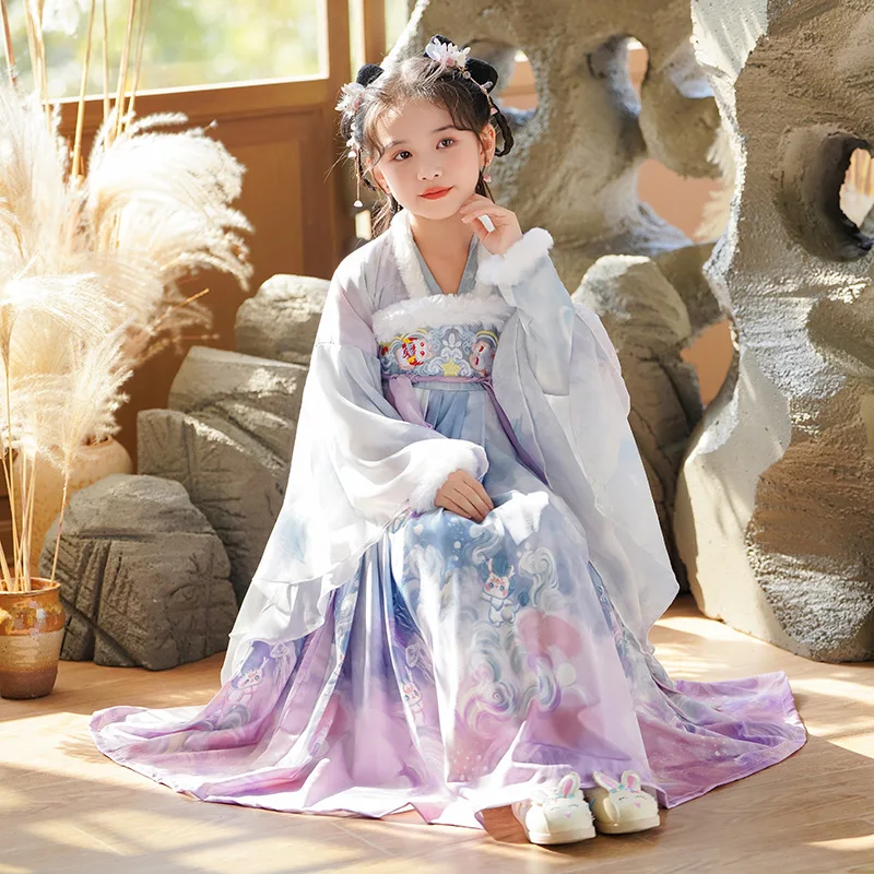 

2026 New Chinese New Year Clothing Sweet Girls Winter Thick Warm Quilted Dress Hanfu Kids Ancient Fairy Skirt Tang Suit Costume
