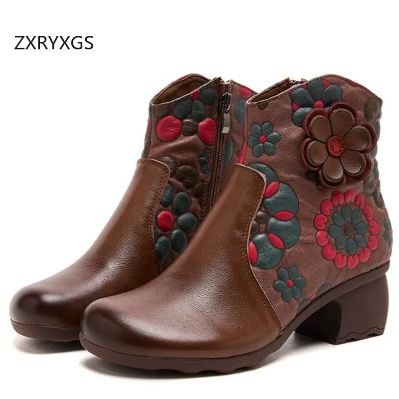 ZXRYXGS Top Layer Cowhide Chinese Style Women Fashionable Boots 2024 Classic Printing Flowers Boots Thick Mid Heel Trendy Boots