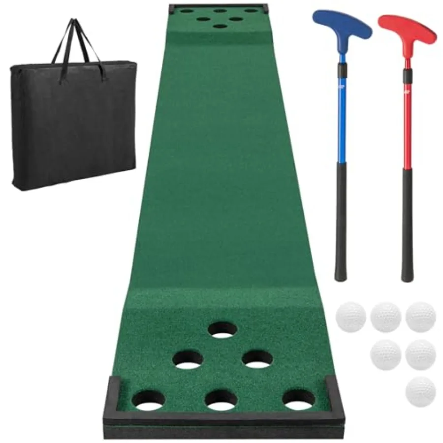 

Golf Putting Game Set, Indoor Outdoor 11FT Golf Training Mat, Putting Green Mat w/ 2 Adjustable Putters, 6 Balls and 12 Hole Co