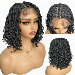 Synthetic 4x4 Lace Front Braid Wig 14inch Curly Faux Locs Black Color Large Parting Space Twist Dreadlock Wigs for Black Women