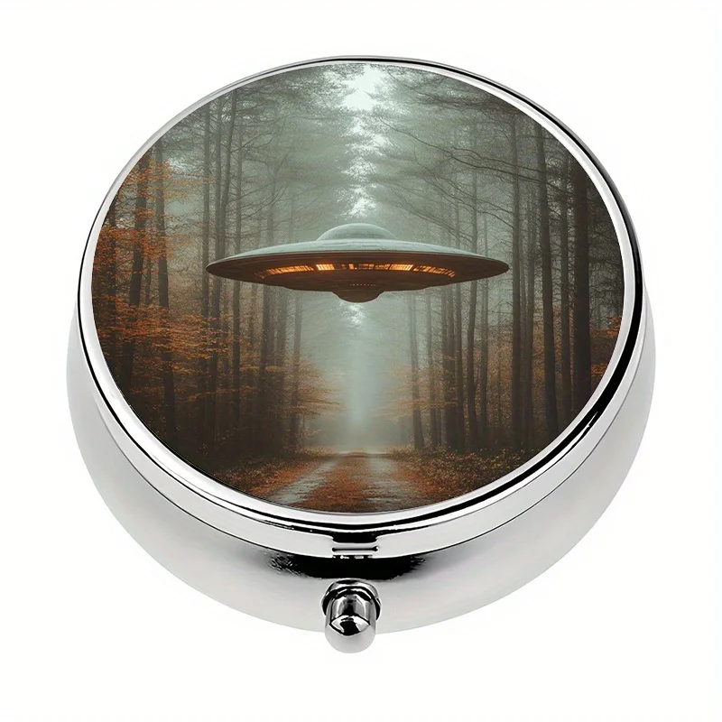 1 pill box with 3 compartments, UFO forest scene, mini pill box, pill organizer, unique gift for travel