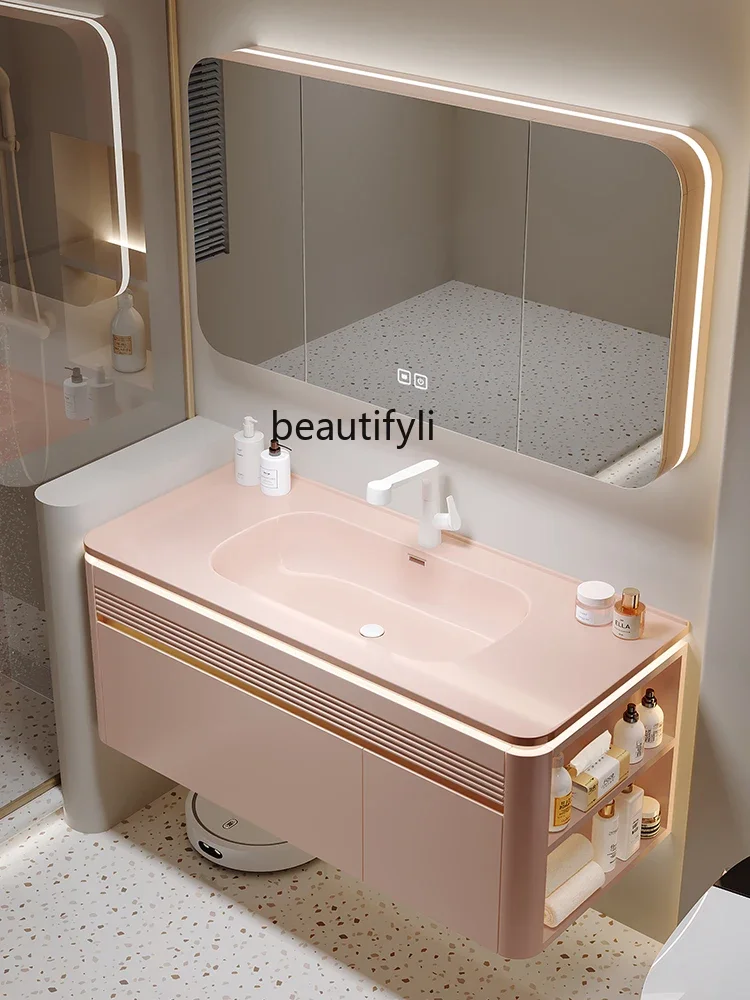 Light Luxury Bathroom Cabinet Ceramic Whole Washbin Combination Oak Wash Basin Pink Bathroom Wash Basin Cream Style