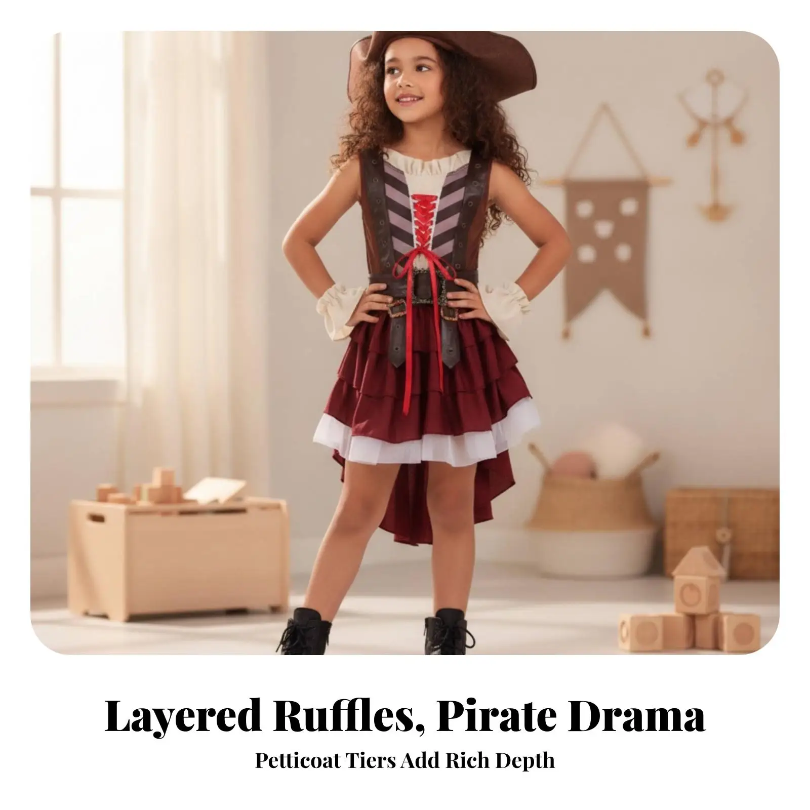 Fantasia de Pirata Infantil para Meninas, Vestido de Suede Sintético com Chapéu, Fantasia de Carnaval de Halloween para Apresentações de Palco