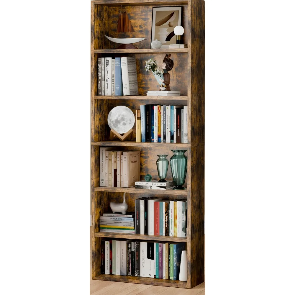

6-уровневая деревянная книжная полка высотой 63 дюйма, отдельно стоящая полка для хранения для домашнего офиса, спальни, гостиной, коричневый в деревенском стиле