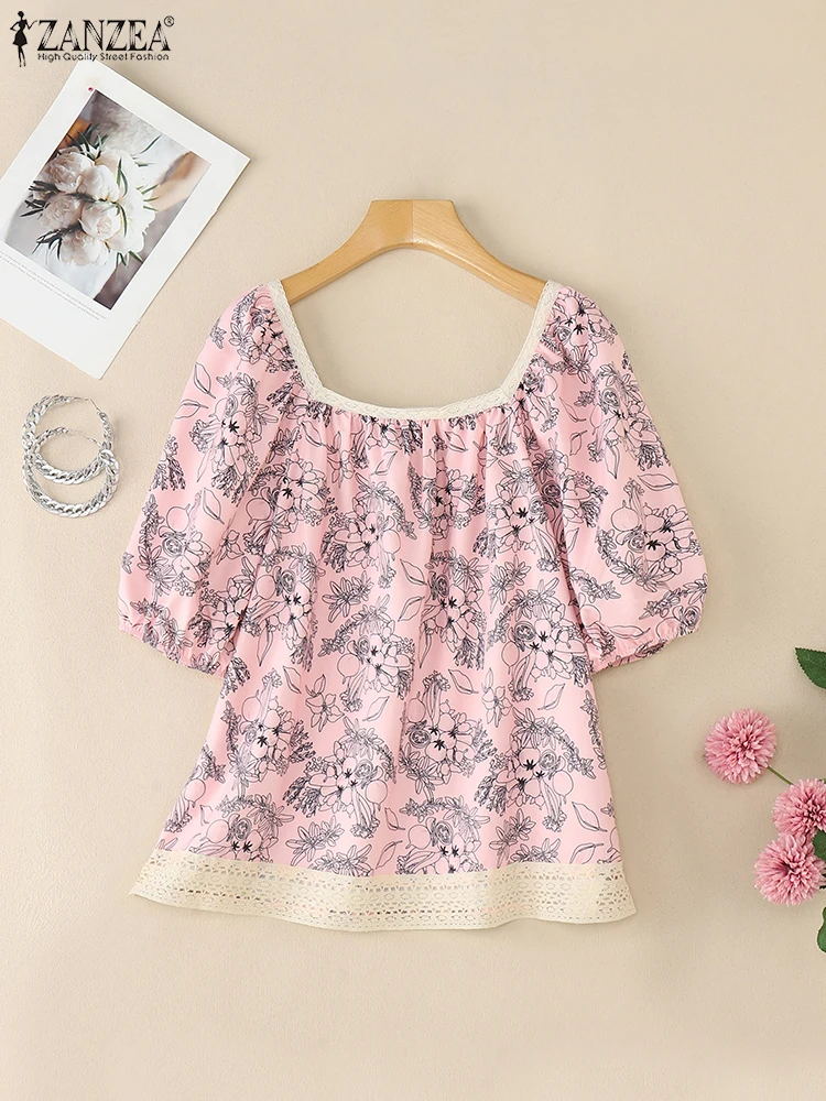 2025 ZANZEA Summer Printed Shirt Elegant Women Square Neck Puff Sleeve Blouses Stylish Holiday Tops Casual Lace Patchwork Blusas