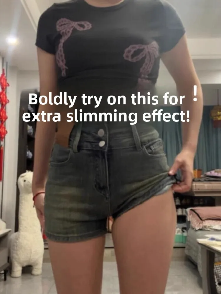 

plus Size American Retro Denim Shorts Women's Summer Slimming High Waist Elastic Straight Leg Hot Pants Spicy Girl