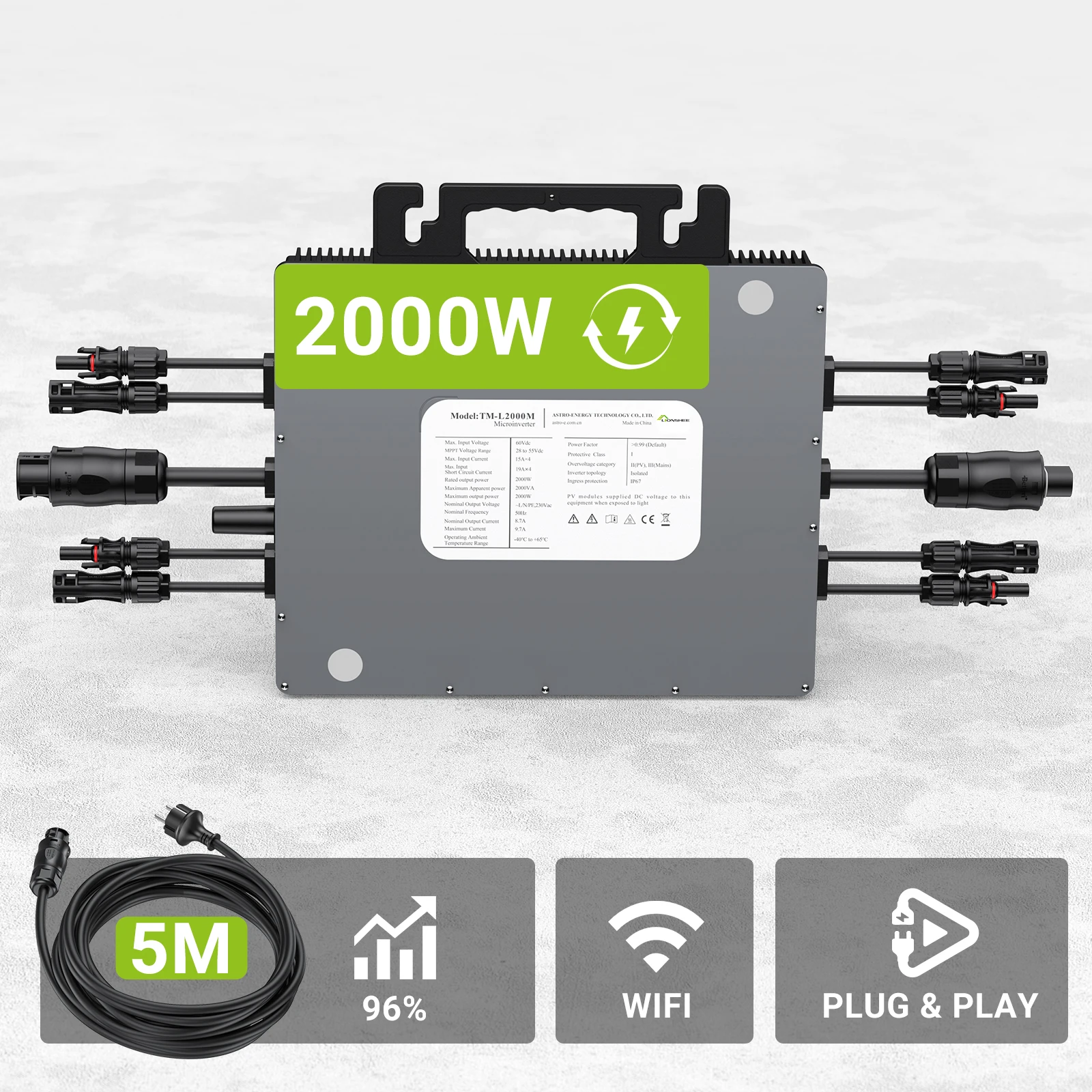 Lionshee TM-2000M 2000W Solar-Mikrowechselrichter, 4 MPPTs, 15A/60V DC-Eingang, Netzgekoppelt, 230V AC-Ausgang, IP67 wasserdicht, WiFi-Überwachung, Plug & Play, mit 5m AC-Kabel