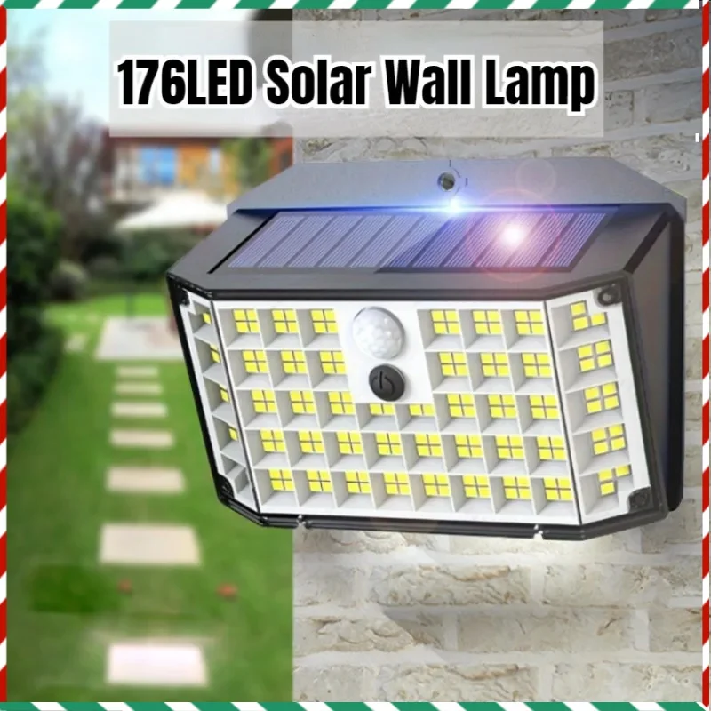 

176 LED Solar Powered Motion Sensor Flood Lights, Waterproof Outdoor Wall Lamp with 3 Modes for Porch and Yard