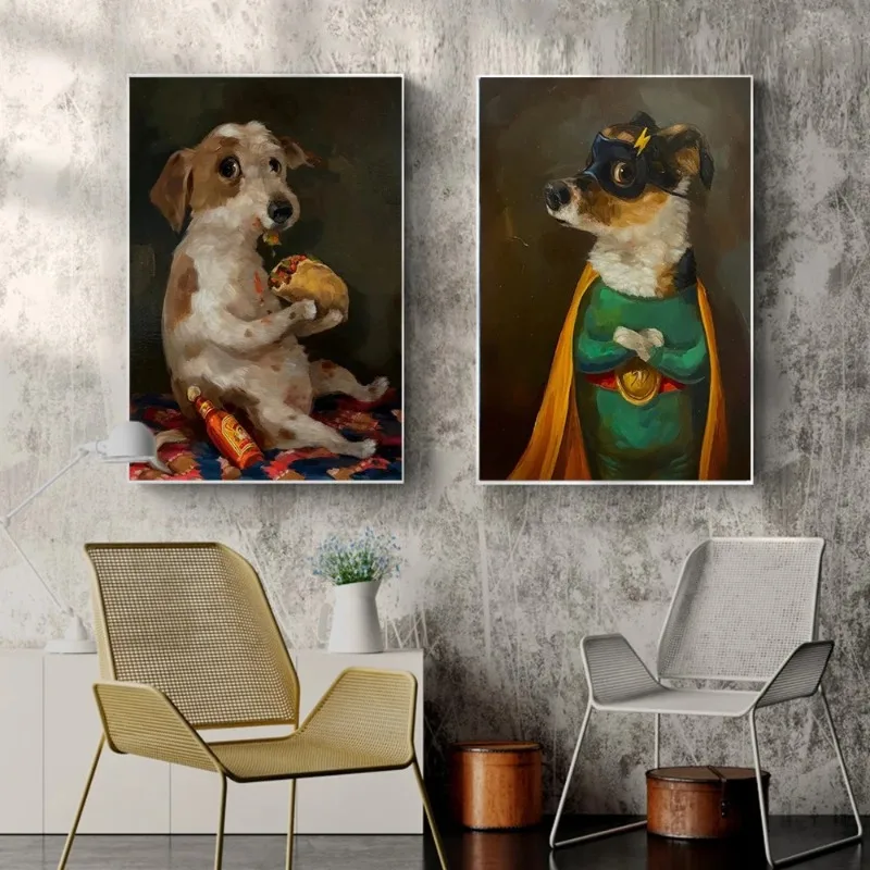 Vintage Funny Puppy Eating Donut Art Poster Print Cute Kitten Eating Snacks Canvas Painting Living Room Wall Home Decor Unframed