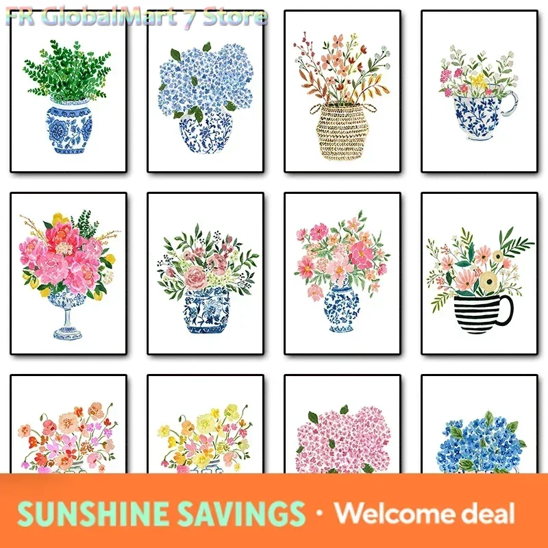 Watercolor Blue and White China Vase Flowers Bouquet Planter Floral Ginger Jar Poster Diamond Printing Wall Art Room Home Deco