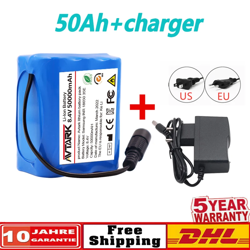 แบตเตอรี่ลิเธียมไอออน18650 mAh 8.4V 50000MAH แบตเตอรี่ลิเธียม60Ah ชาร์จได้พร้อมแผงป้องกันไฟสตูดิโอ LED ลิเธียม BMS + ที่ชาร์จ12.6V