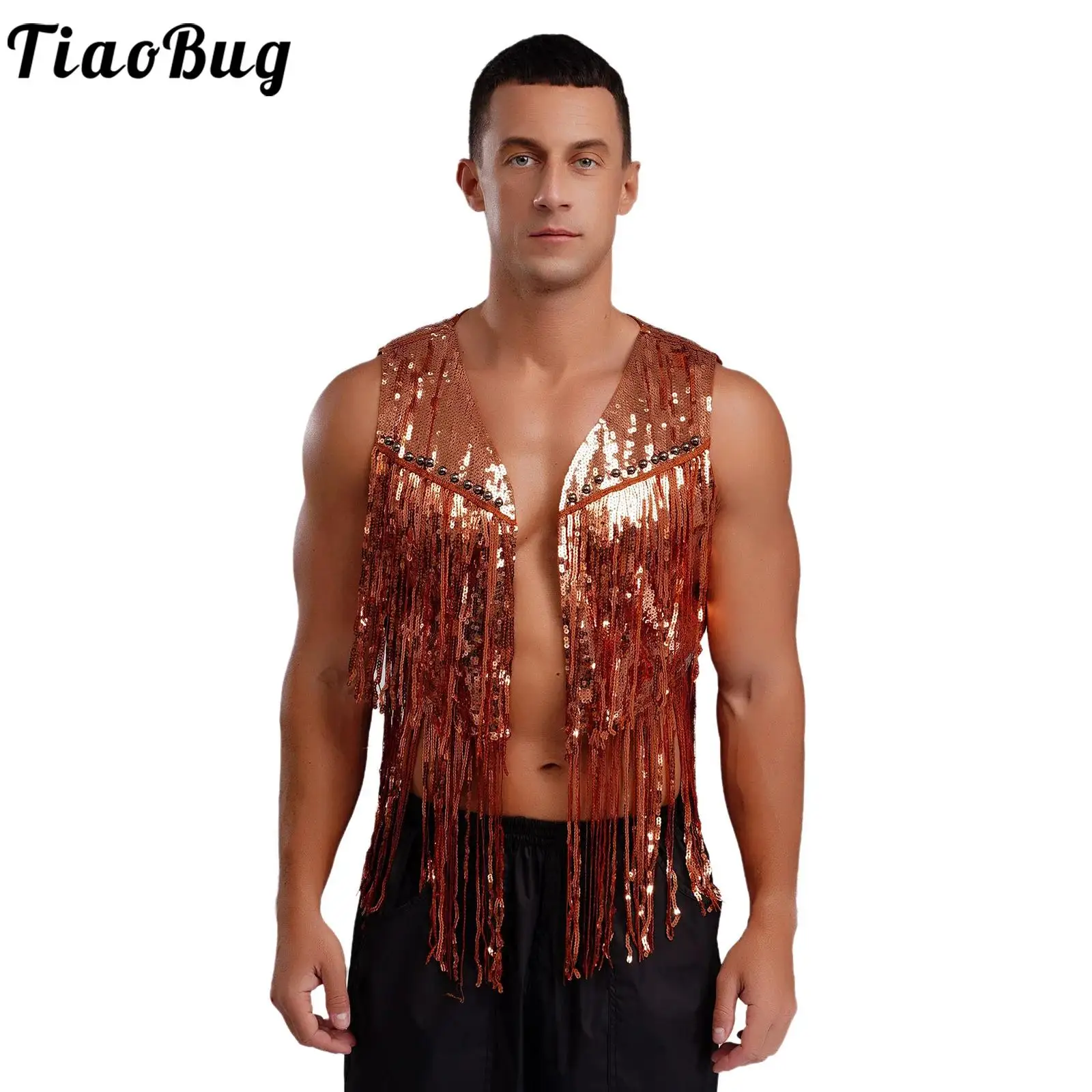 

Men Fashion Sparkly Fringe Disco Party Dance Cardigan Vest Cowboy Hippie Stage Performance Open Front Tassel Rivets Waistcoats