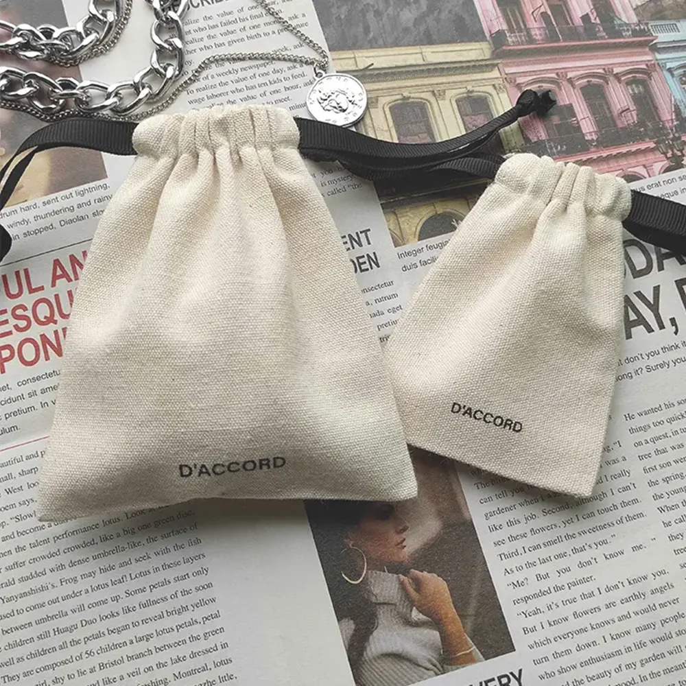 100pcs/Lot Wholesale Custom Logo White Earring Cellphone Cotton Bag With Ribbed Band Makeup Linen Jewelry Cotton Pouch Packaging