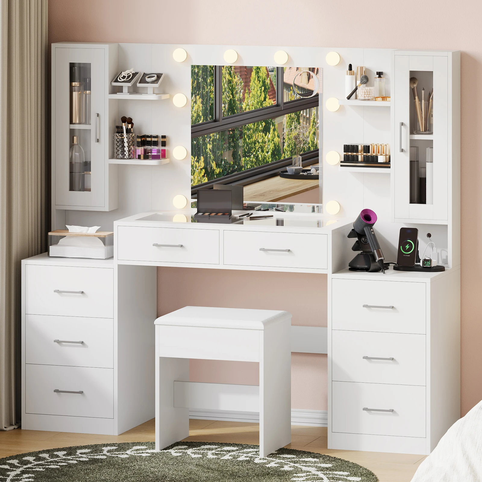 59'' W Vanity Desk with Mirror and Lights, 8 Drawers, White Large Makeup Vanity with Power Outlet, 2 Cabinets & 4 Open Shelves, 3 Lighting Modes, Glass Top Vanity with Chair for Bedroom