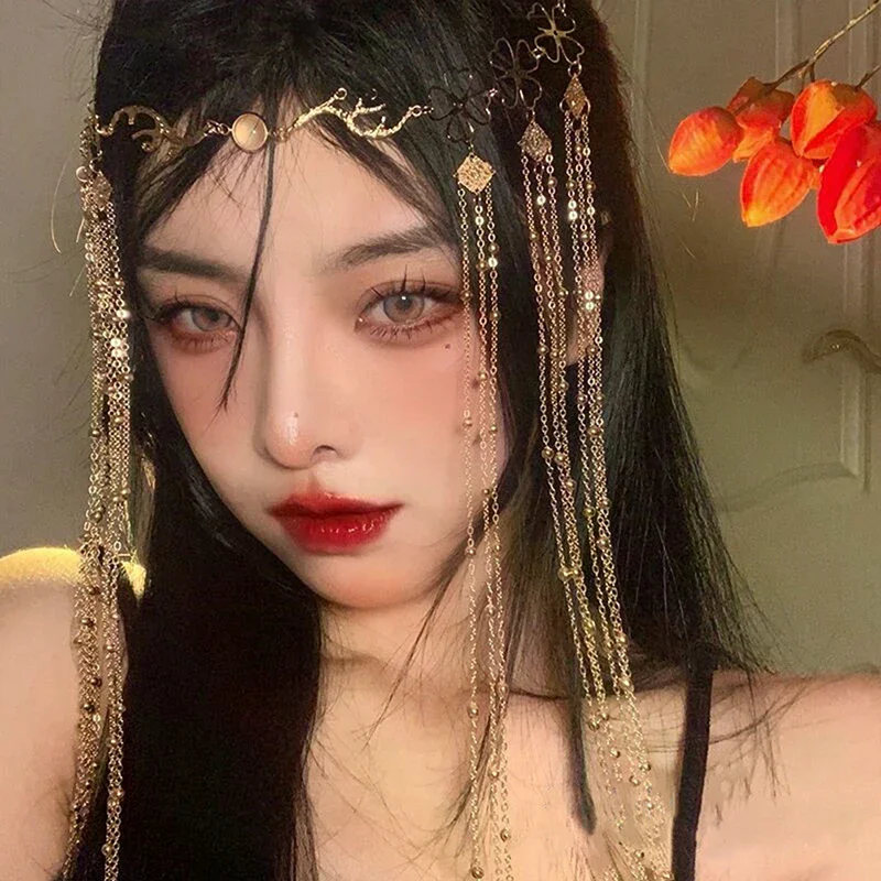 Tassel Ancient Style Hanfu Face Curtain Forehead Jewelry Net Red Hair Accessories Gold Retro Hair Card Bride Hair