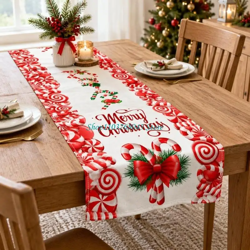 R53F Holiday Table Runner with Christmas Lettering and Candy Pattern