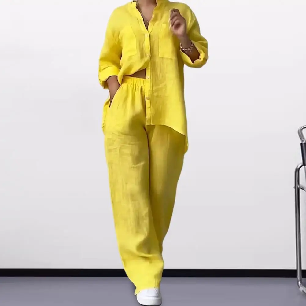 Single-breasted Top Wide Leg Pants Set Versatile Women's Homewear Set Stylish Stand Collar Shirt Wide Leg Pants for Comfortable