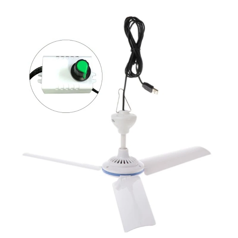 

652F USB Small Ceiling Fan Quiet 3Leaves Ceiling Hanging Canopy Fan 5V Camping Tent Fan Speed Adjustable Long Cable