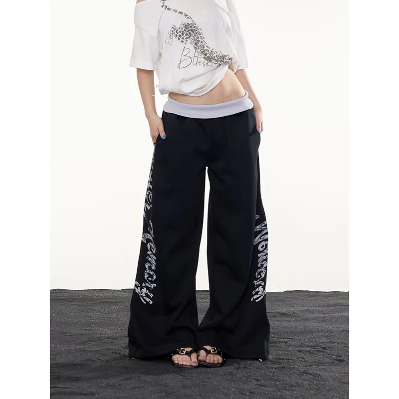 YIBASHU Women Black Baggy Wide Leg Sweatpants Oversize Letter Pants Harajuku American 2000s Style Vintage Y2k Dance Trouser