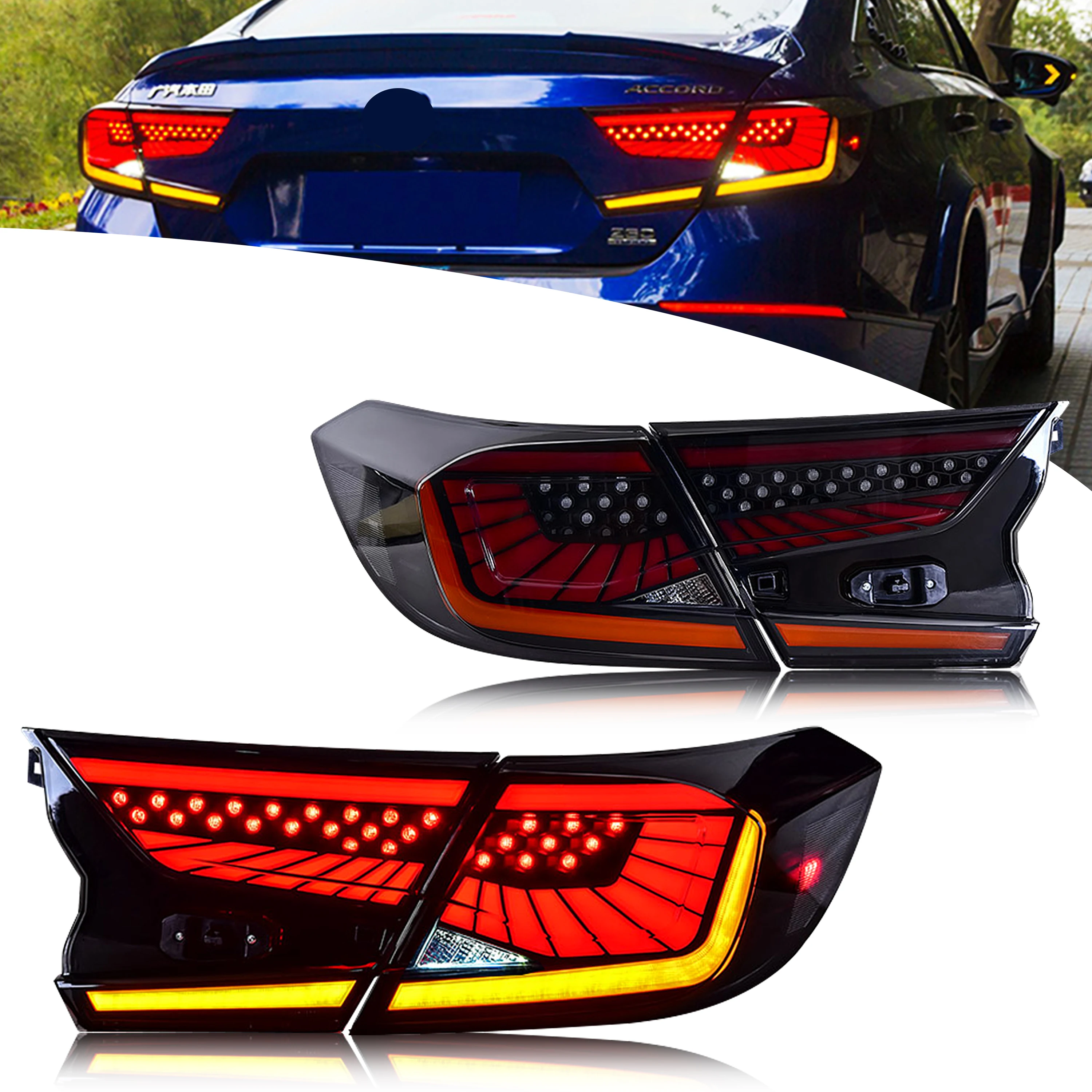 

LED Tail Lights for Honda Accord 2018-2023 10th Gen Dynamic Animation Sequential Turn Signal Black V3 Rear Lamps Assembly