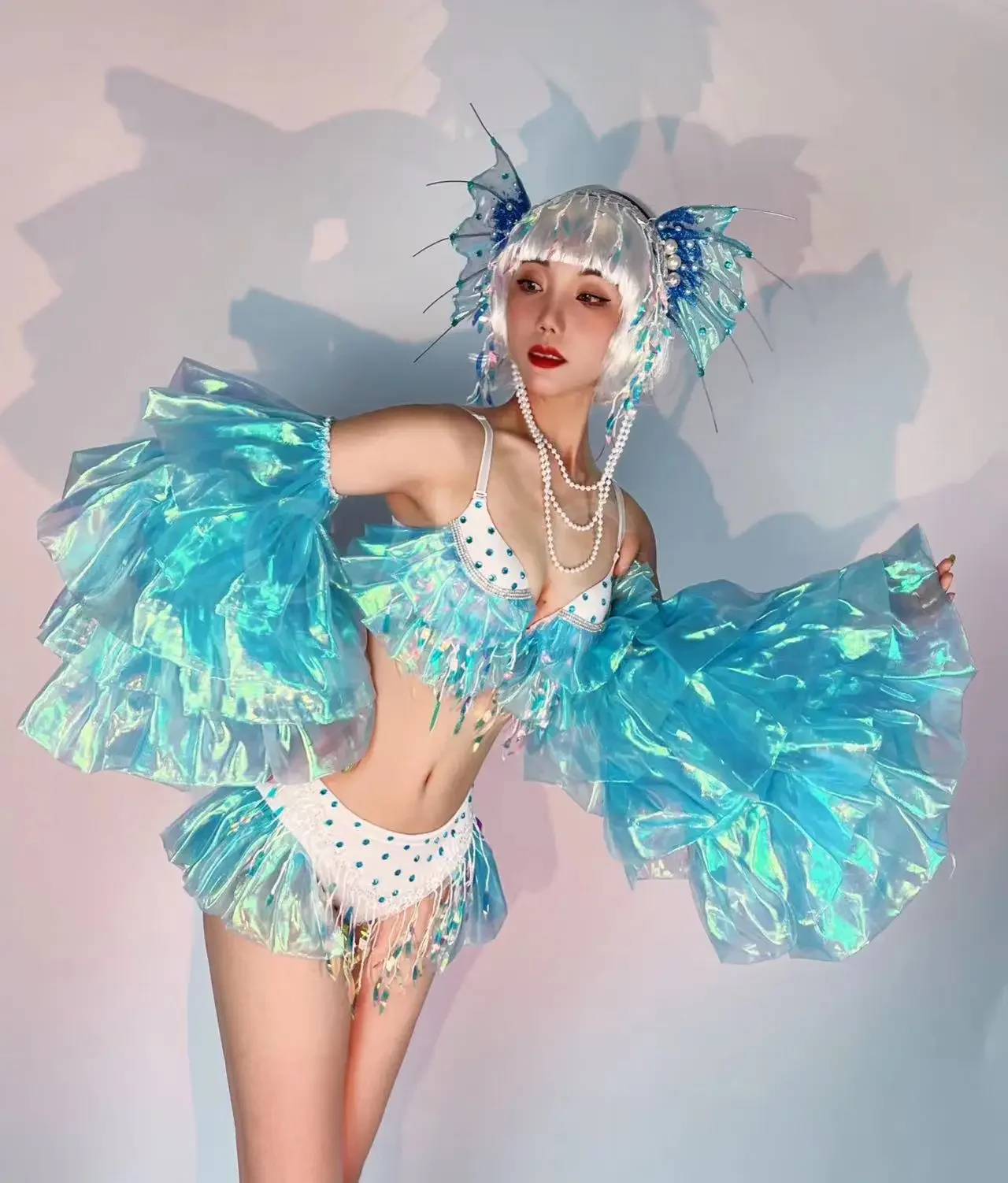 Female Dance Team Party Show Performance Mermaid Role Playing Costume Bar Big Sleeve Sequins Tassel Rhinestones Bikini Outfits