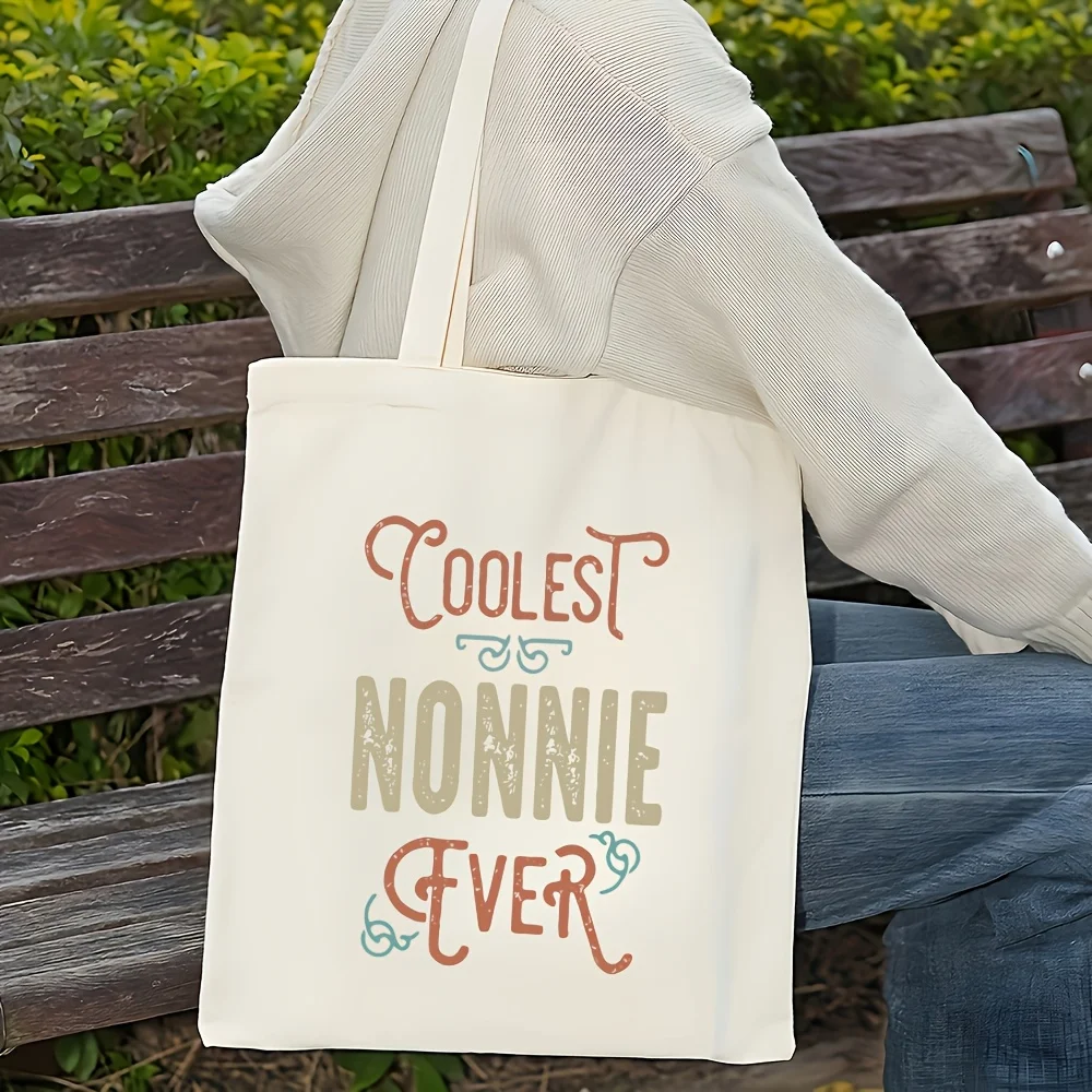 Coolest Nonnie Ever Canvas Tote Bag- Stylish Beige Shoulder Bag with Colorful Lettering, Perfect for Daily Commute and Casual