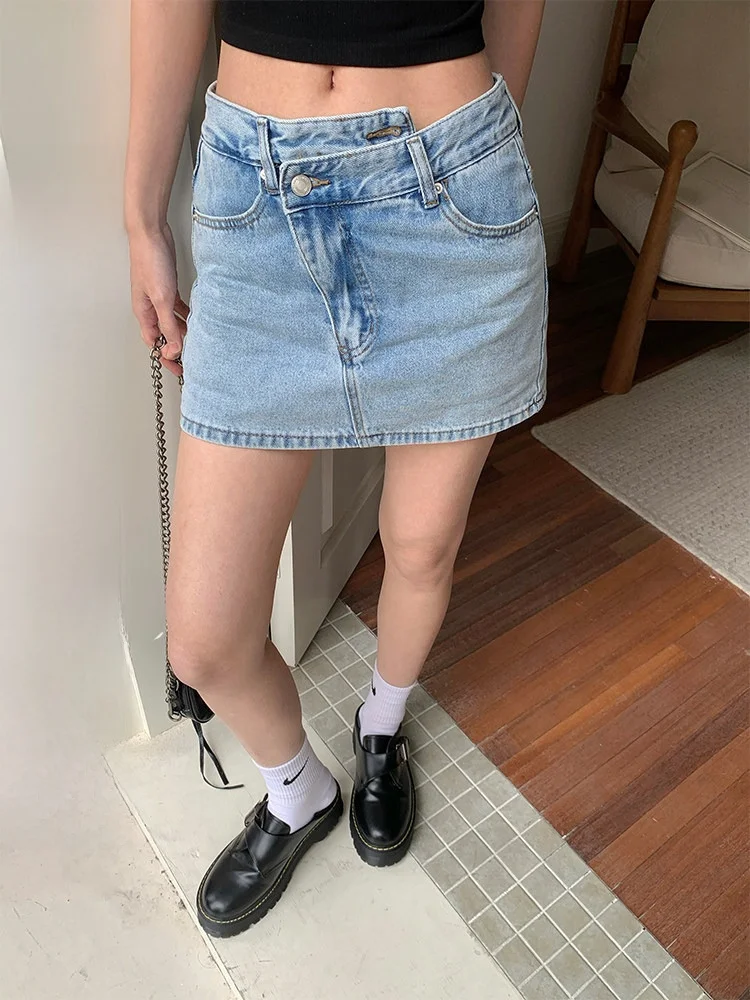 

Новая летняя женская джинсовая юбка с высокой талией, асимметричная, А-силуэт, укороченная, корейский стиль, из хлопковой смеси, с эффектом похудения