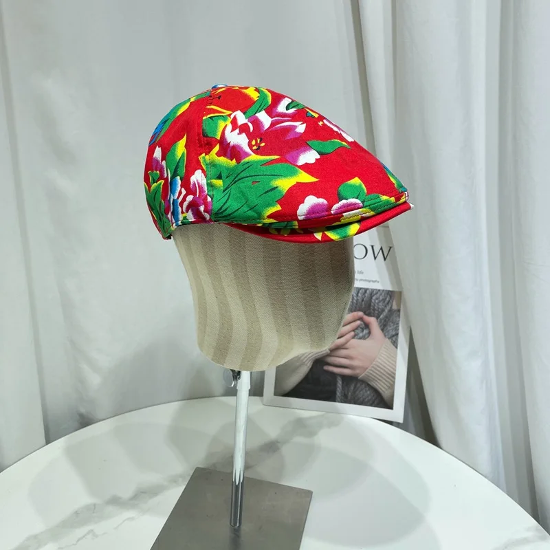 2024 New Northeast Big Flower Cloth Beret Hat for Men and Women Spring and Summer Retro Printing Forward Hats Trend Peaked Cap