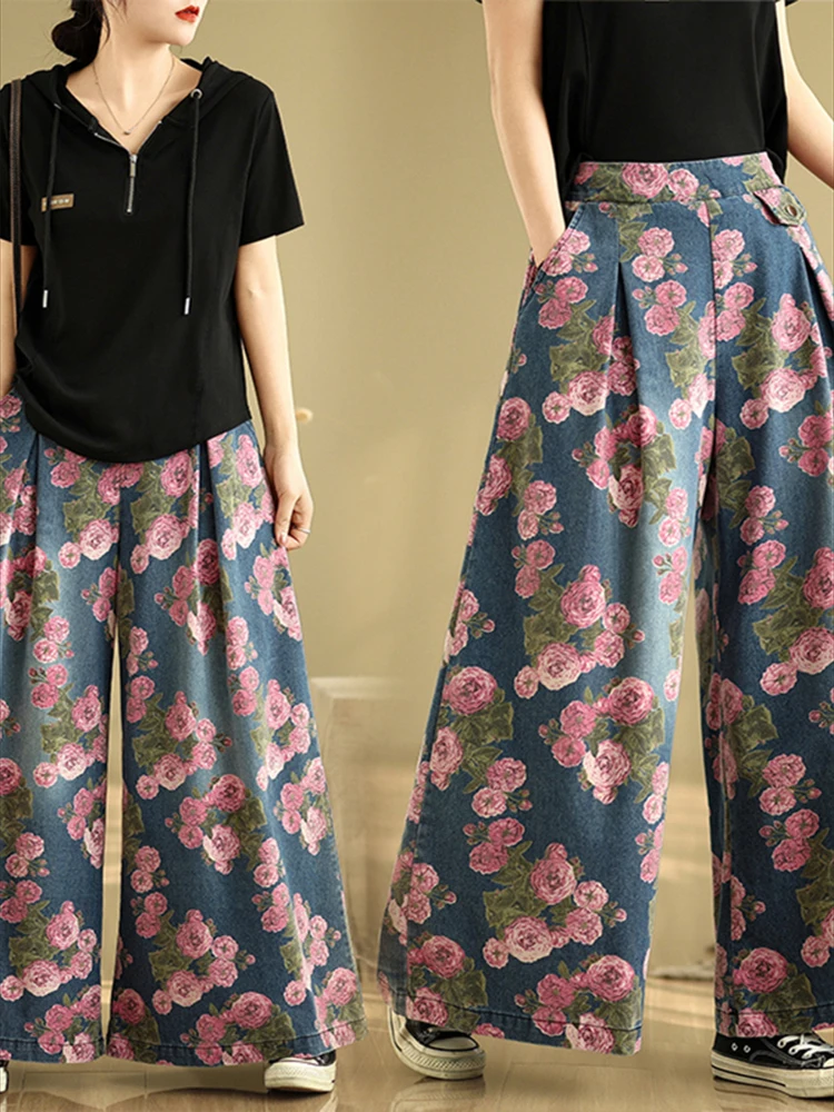 Pantalon à jambes larges imprimé Vintage pour femmes, coupe ample, grande taille, taille élastique, Denim, mode printemps été 2025
