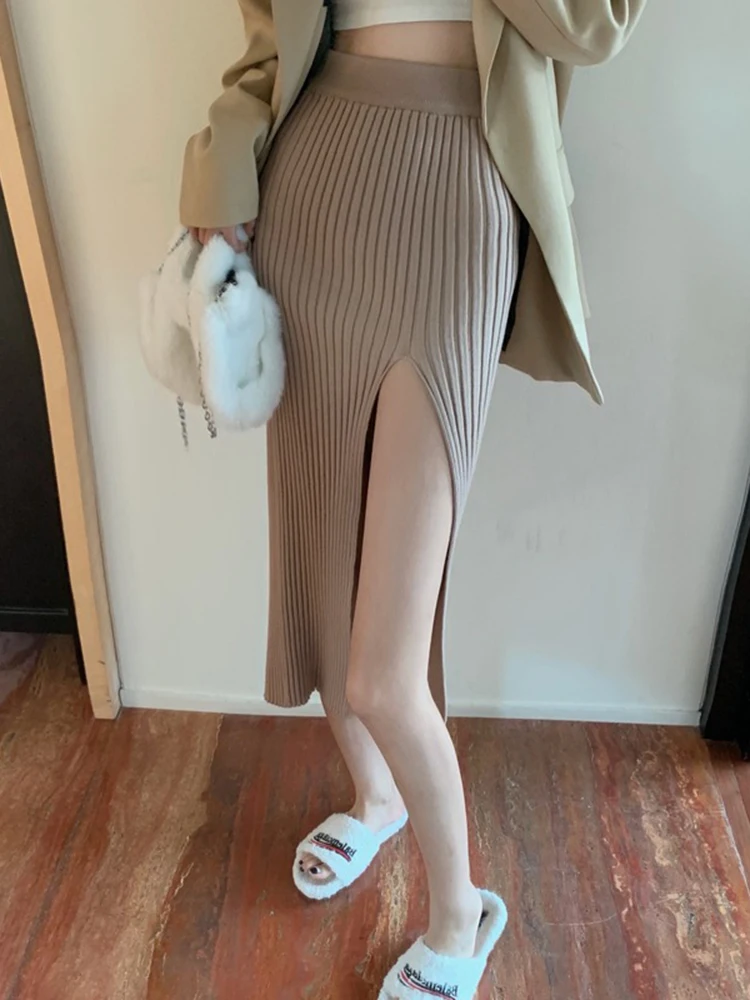 

Элегантная сексуальная вязаная юбка миди с разрезом, с завышенной талией, для женщин, стройнящая, в стиле Hot Girl Pure Desire, корейская версия, для повседневной носки, А-силуэт