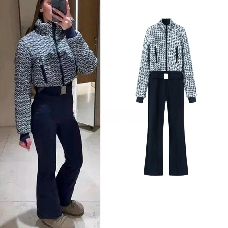 

Spring New Women's Slim Fit Zipper Long Sve Quilted Patchwork Belted Ski Suit One-Piece Pants High Waist Straight Leg