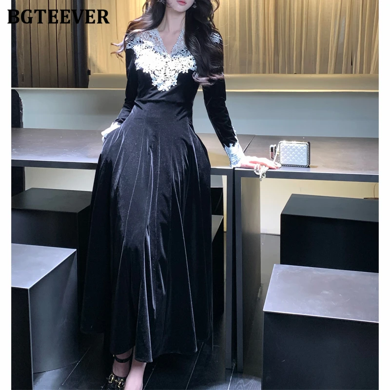 

BGTEEVER Chic Stylish V-neck Patchwork Lace Women A-line Dress Autumn Winter Elegant Long Sleeve Slim Waist Female Midi Dress