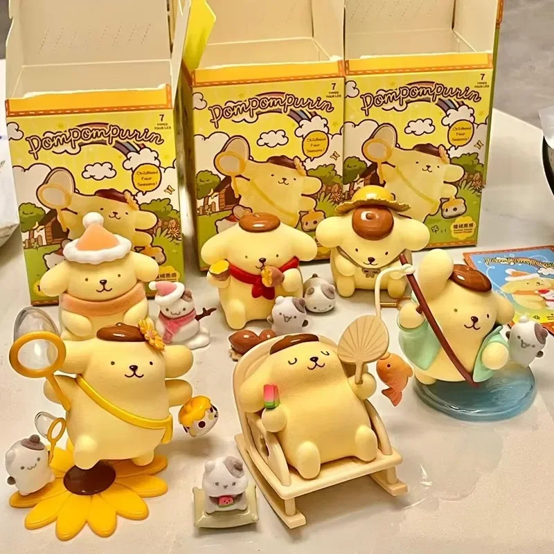 Pompompurin dzieciństwo seria cztery pory roku pudełko z niespodzianką Kawaii figurka wędkarstwo model bałwana zabawka dziecięca zaskoczony prezent