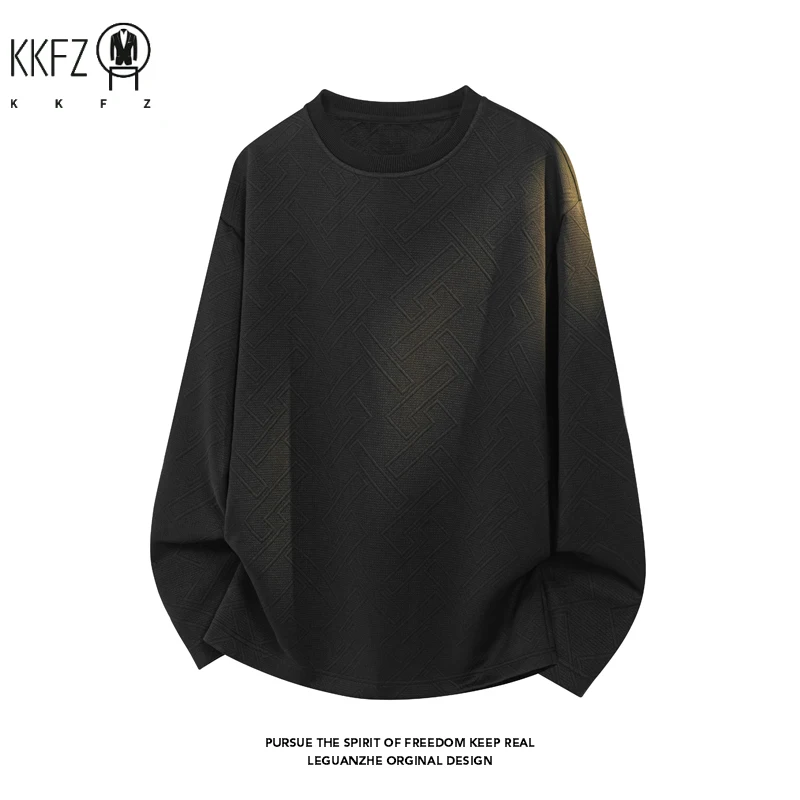 Mens Round Neck Long Sleeve Top Geometric Raised Texture Jacquard Fabric Loose Fit For Office Commute Leisure Outfit