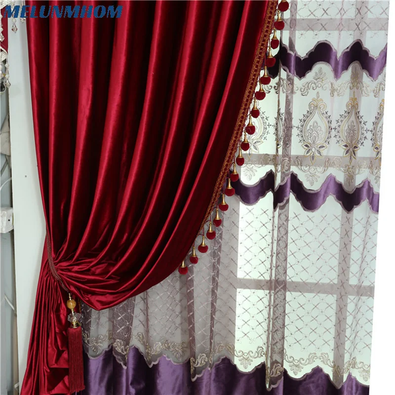 Melunmhom American Style Burgundy Curtains for Living Room Stage Italian Velvet Curtain Hotel Bedroom Window Pelmet Flannel Drap